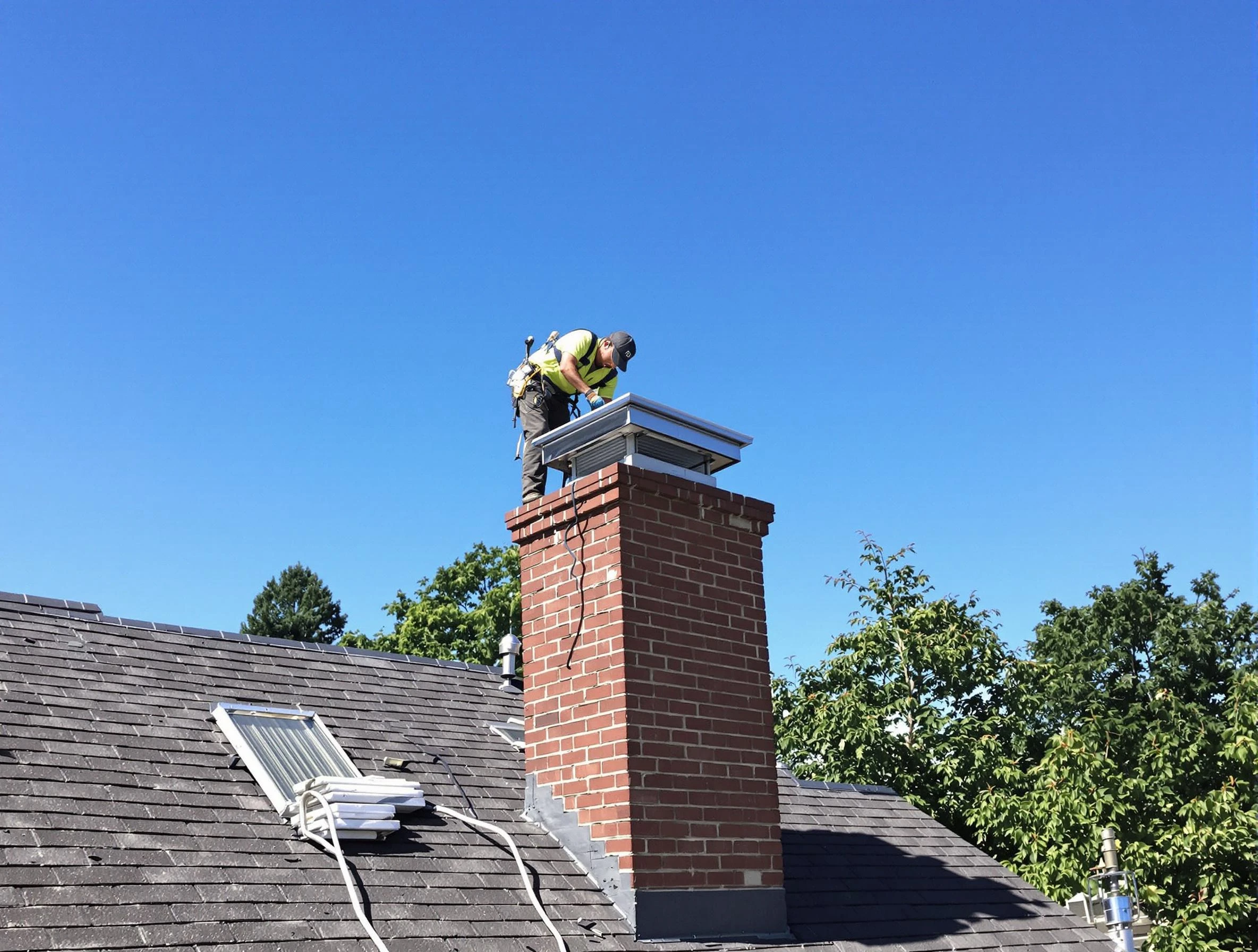 The Pinery Chimney Sweep technician measuring a chimney cap in The Pinery, CO